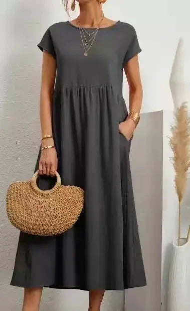 Solid Color Sleeveless Cotton and Linen Loose Pocket Dress